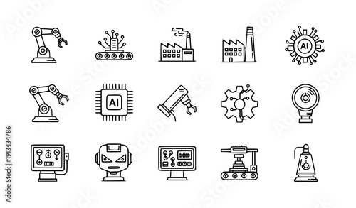 Robotic automation outline icon set vector industrial manufacturing symbols isolated on transparent background