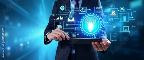 Business professional interacts with futuristic digital interface, holographic data streams animate gently, slow pan reveals dynamic technology-focused scene, cinematic style.