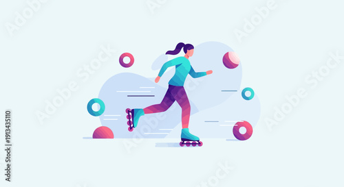 Illustration of a person roller skating in a cartoon style with circles and abstract shapes