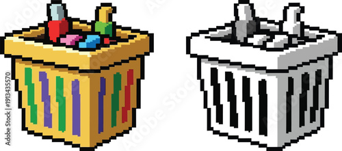 Pixel art illustration of two baskets, one colorful with various art supplies and another monochrome version with grey and white items.