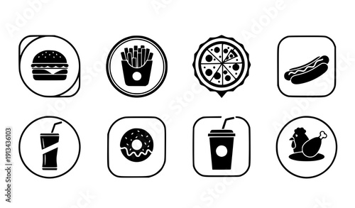 Fast food badge silhouette icon set vector black restaurant symbols isolated on transparent background