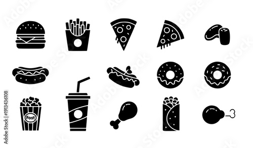 Fast food glyph icon set vector black minimal restaurant symbols isolated on transparent background