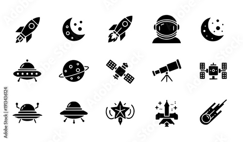 Space exploration glyph icon set vector black astronomy symbols isolated on transparent background