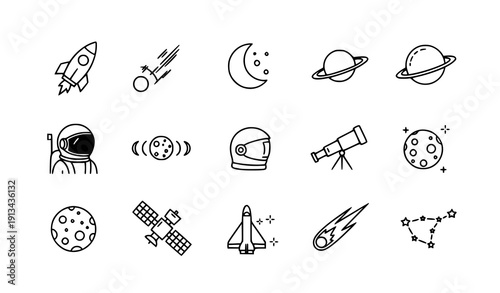 Space exploration outline icon set vector black astronomy symbols isolated on transparent background