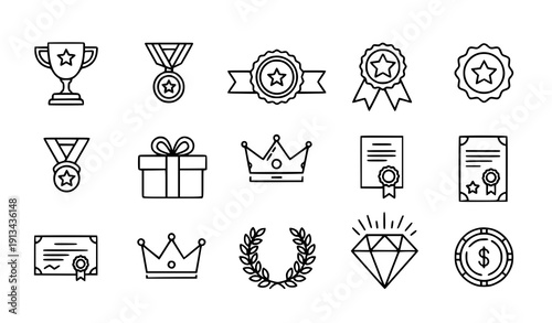 Reward line icon set vector trophy medal badge gift symbols isolated on transparent background
