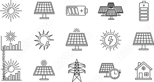Solar energy and renewable power outline icon set with panels, battery, electricity, grid, and sustainable home symbols