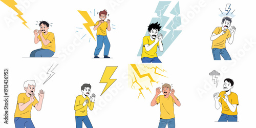 Collection of Frightened Men Reacting to Lightning Bolts: Vector Set Illustrating Fear, Shock, and Crisis Anxiety.