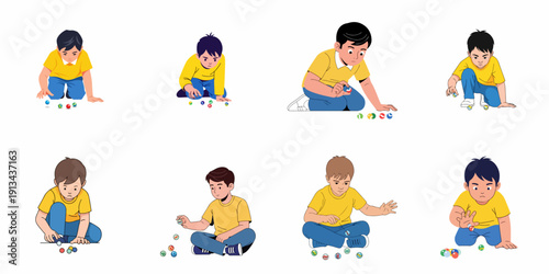 Eight vector illustrations depicting diverse young boys playing the traditional game of marbles, showcasing childhood fun, focus, and play.