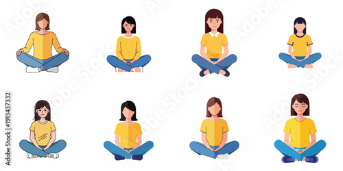 Vector illustration set of women sitting cross-legged, practicing yoga, relaxation, or meditation in diverse styles.