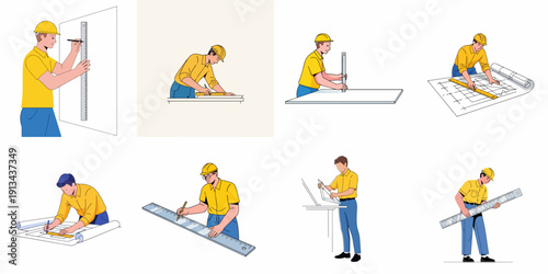 Set of eight vector illustrations showing engineers and construction workers measuring, drafting blueprints, and calculating dimensions with various rulers.