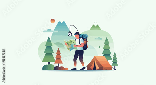 Illustration of a Hiker with Backpack Consulting a Map Surrounded by Nature
