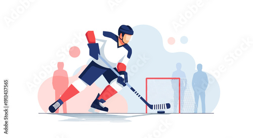 Ice Hockey Player Skating with Stick Near Goal on Sports Arena During Game