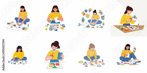 Collection of illustrations featuring young women creating art, collages, and craft projects using colored paper, scissors, and glue.