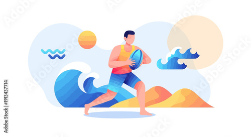 Young Man Playing Rugby on a Sunny Beach with Waves and Sand Dunes