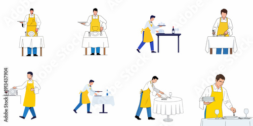Professional Waiter Service Set: Illustrations of Restaurant Staff Setting Tables, Serving Food, and Clearing Dishes in a Fine Dining Setting.