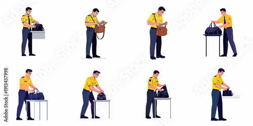Collection of vector illustrations showing a security officer inspecting different types of luggage and personal bags at a checkpoint.