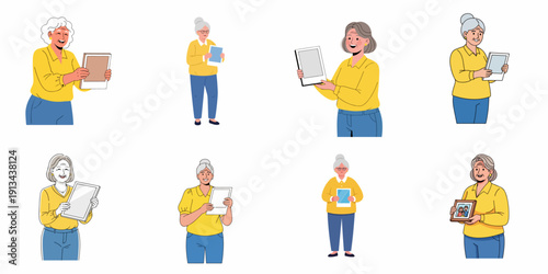 Diverse set of happy senior women cartoon illustrations holding blank digital tablets, documents, books, and a framed family photo.