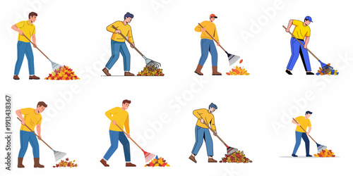 Collection of vector illustrations showing a man performing autumn yard work, raking and gathering colorful fall leaves for seasonal cleanup tasks.