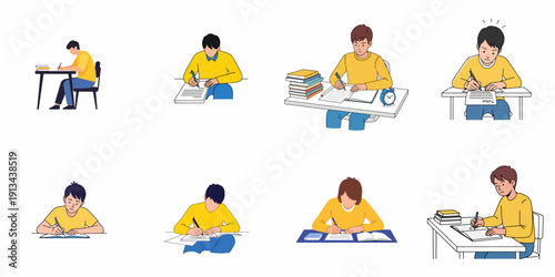 Collection of male students studying, writing, taking notes, or doing homework under academic pressure, isolated on white background. 