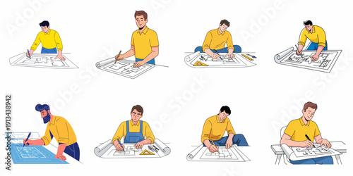 Draftsmen and Architects Collection: Set of Male Professionals Drawing Blueprints and Working on Architectural Floor Plans with Engineering Tools.