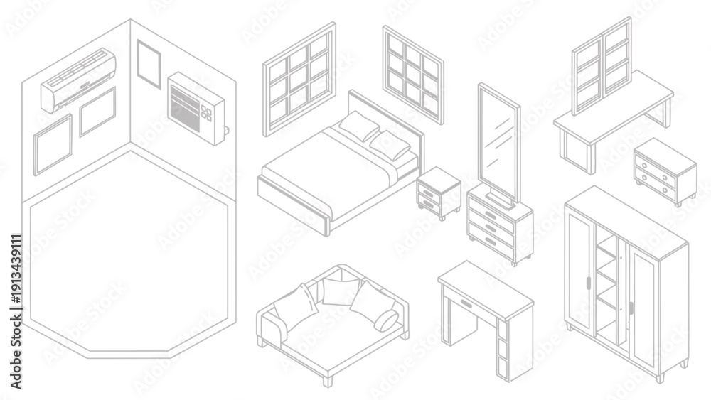 Fototapeta premium Isometric illustration showing a modular interior room with beds, desks, shelves and layout components.