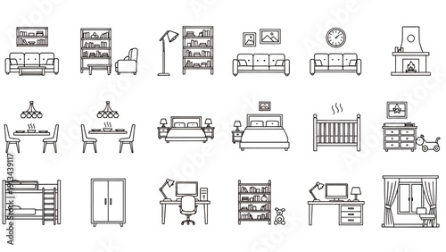 Collection of hand drawn interior furniture icons and layouts.