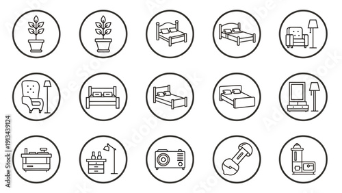 Collection of circular line icons depicting home and everyday life concepts.