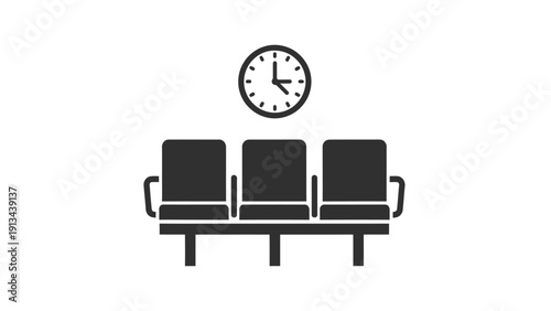 Three Waiting Chairs Under a Clock in a Minimalist Interior Room.