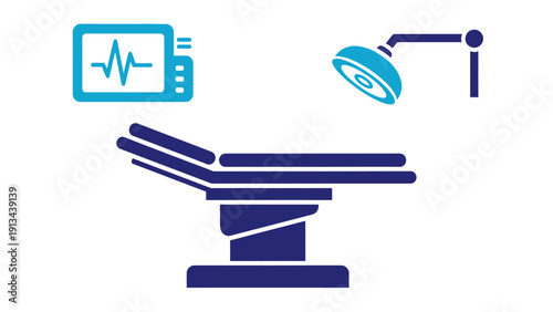 Icon set showing a surgical operating table with overhead lamp and medical monitor in a clinical room.