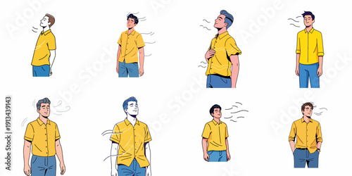 Illustrations of young men breathing deeply, feeling tranquility and fresh air.