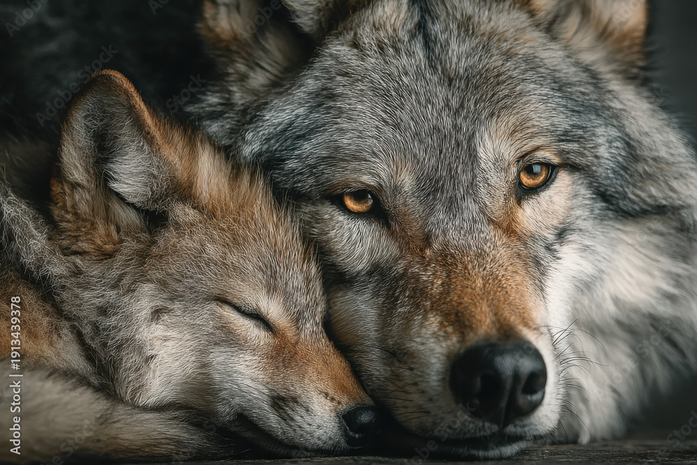 Fototapeta premium Intimate Wolf Pair Resting Together Portrait
