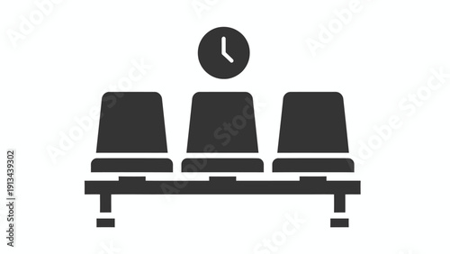 Three public seating chairs with a clock above in a minimalist waiting area.