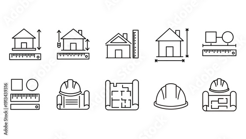 Illustration set featuring houses, blueprints, and construction elements in a technical style.