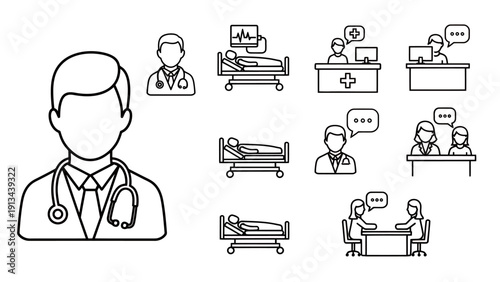 Collection of medical team icons featuring doctors, nurses and patients in hospital scenes with care and consultation line art.