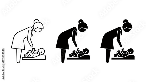 Three Silhouettes Gardening: An Elderly Person Planting Seedlings in a Garden Bed.