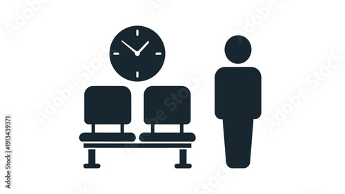 Waiting area with a standing person beside empty chairs and a wall clock.