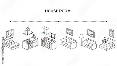 Top View of a House Room Layout with Various Furniture Arrangements.