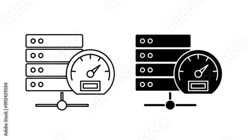 Dual Server Racks with Monitoring Gauge Illustration Showing Data Center Technology and Networking Equipment.
