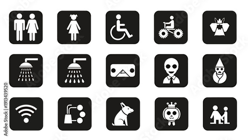 Collection of square icons illustrating people, accessibility, and universal signs in a grid.