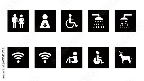 Collection of accessibility icons and signs displayed in a grid of black panels.