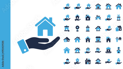 Supportive hand holding a house icon with multiple small houses illustrating housing and real estate concept.