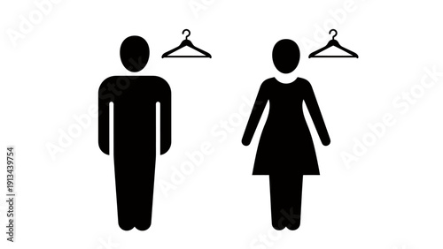 Silhouettes of a man and a woman with clothing on hangers and a rack.