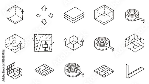 Abstract geometric composition featuring interconnected cubes, rings, and layered 3D shapes.