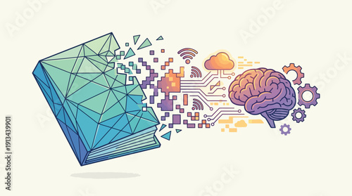 Innovative learning concept with book and brain connecting to digital elements