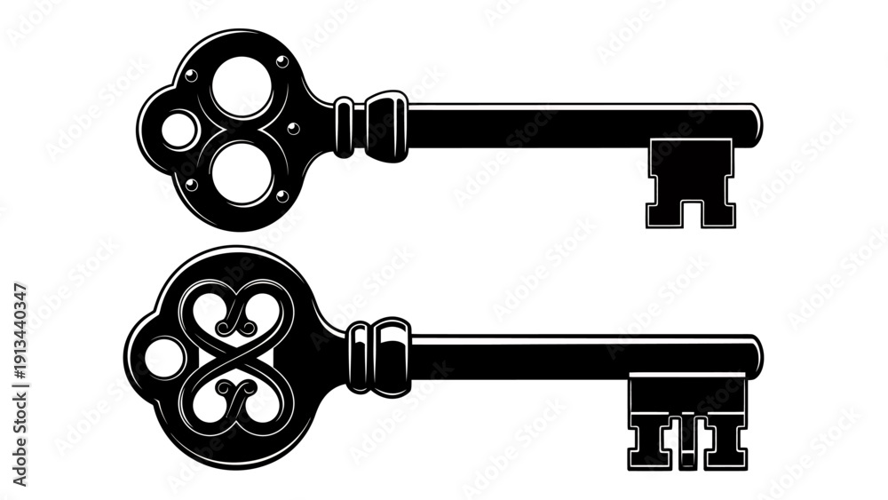 Obraz premium Two antique black keys lying parallel on a white background.