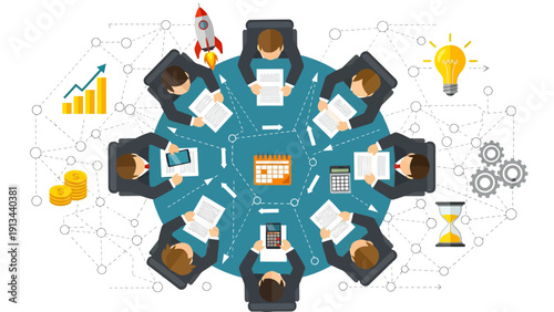 Global team roundtable in a modern office showcasing collaborative business planning and problem solving.