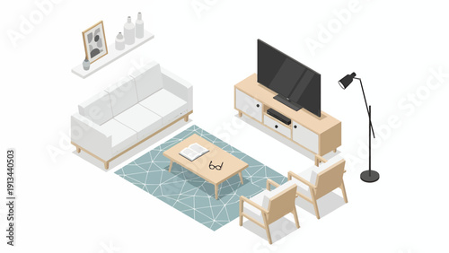 Cozy modern living room interior with sofa coffee table and TV setup.