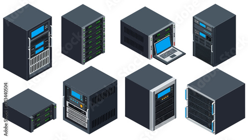 Array of data center servers and networking racks in a modern technology environment.