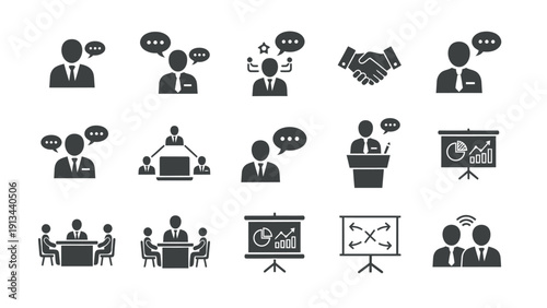 Icon set depicting business meetings, discussions, and presentations highlighting teamwork and collaboration.