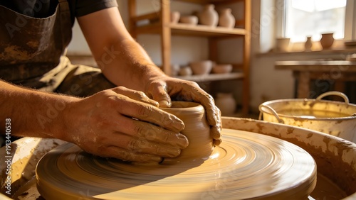 First person view of handmade pottery craft process, focusing on hands shaping clay in an artisan studio.